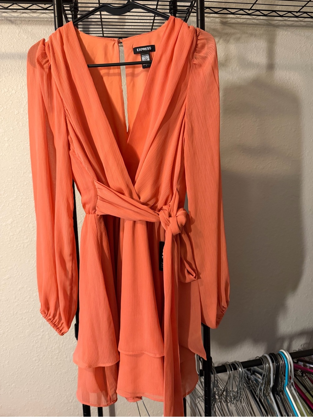 Express Coral-Orange Long Sleeve Wrap Dress